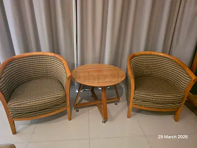 Pair of Wooden Lounge Chairs with Matching Round Side Table, Damac Hills 2