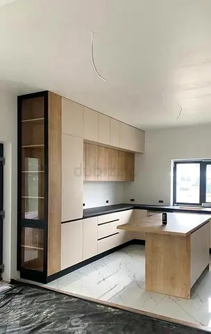 Modern L-shaped Kitchen Cabinets with Island - Light Wood Finish