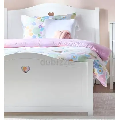 White Wooden Bed with Heart Cutout - Good Condition