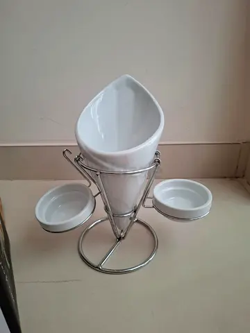 Dubai - Al-Muraqqabat / French Fries Holder with 2 Dip Bowls (Porcelain + Metal Stand)