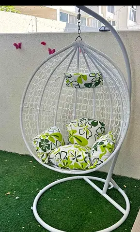 White Hanging Egg Chair with Green Floral Cushions - Good Condition