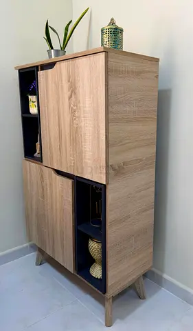Tall Wooden Storage Cabinet with Open Shelves - Oak Finish