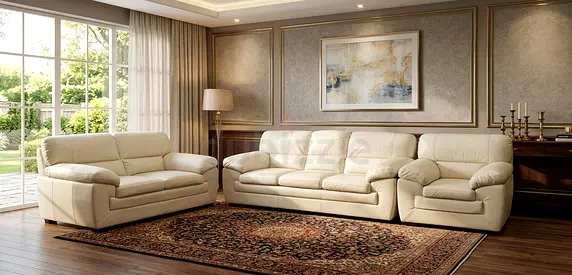 Cream Leather 3-Seater Sofa with Matching 2-Seater and Armchair - Good Condition