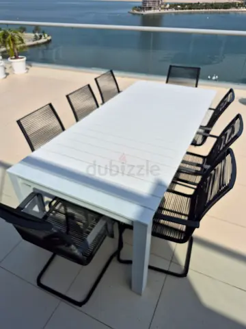 White Outdoor Dining Table with Black Metal Chairs - Set
