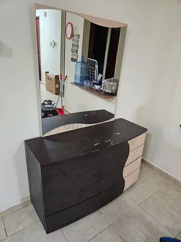 Wooden dresser with large attached mirror — used, sturdy