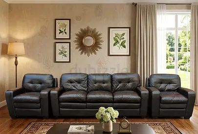 Dark Brown Leather 4-Piece Sofa Set (3-seater + 1+1 Chairs) - Good Condition