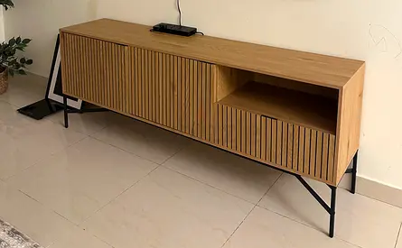Wooden TV Console / Media Unit with Slatted Doors — Good Condition