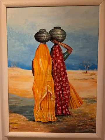 Traditional Desert Scene – Women Carrying Pots | Hand-Painted Framed Artwork