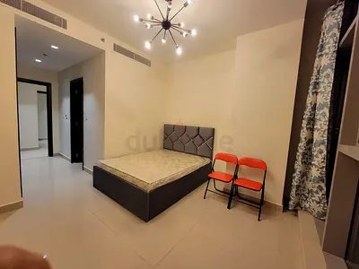 Minimal double bed with mattress and headboard in unfurnished room