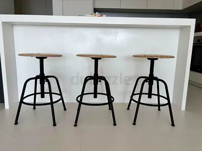 Set of 3 Adjustable Industrial Bar Stools with Wooden Seats