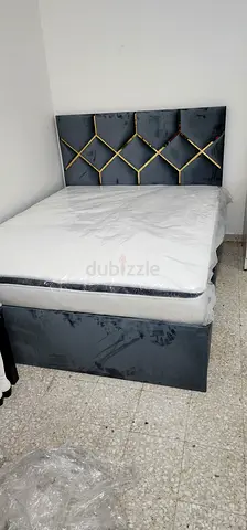 Brand New Queen velvet upholstered bed frame with Mattress headboard - dark grey