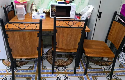 Wood and Metal 4-Seater Dining Table with Chairs - Compact Set