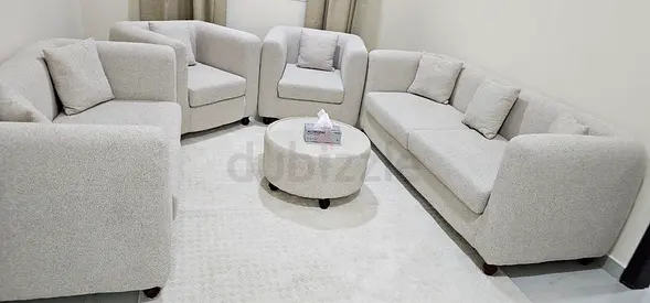 Light Grey Fabric Sofa Set - 3 Seater, 2 Armchairs and Ottoman