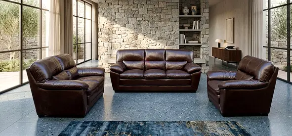 Dark Brown Leather 3-Piece Sofa Set — Comfortable 3-2-1 Seating