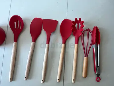 Set of 8 Red Silicone  Wood Kitchen Utensils - Used