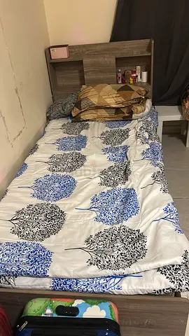 Single Bed Frame with Headboard and Mattress (used) - Neutral Wood Finish