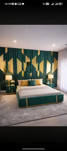 Green Velvet Bed Frame  Matching Geometric Headboard Panel Set - Modern Bedroom Set