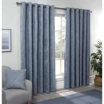 Pair of Light Blue Eyelet Curtains - Thick Blockout Drapes (2 Panels)