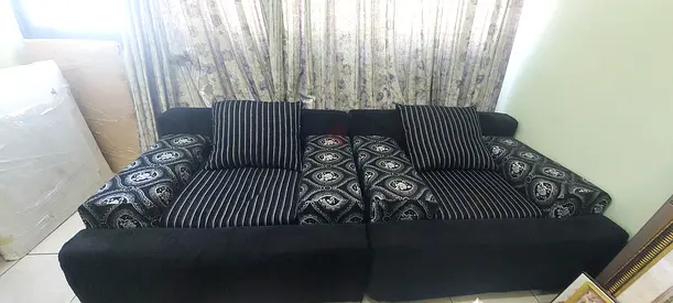 3-Seater Black Fabric Sofa with Patterned Cushions - Good Condition