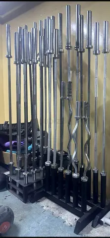 Set of Olympic and EZ Curl Bars with Racks - Used Gym Barbells