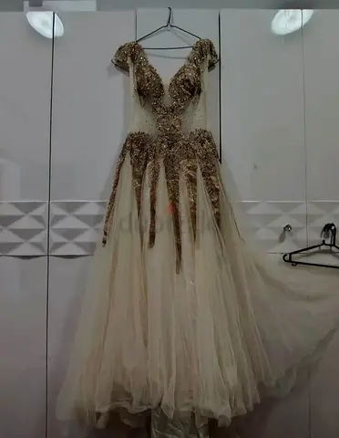 Beige Gold Embellished Evening