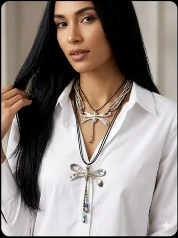 2 Silver Dragonfly Pendant Necklaces - Layered Statement Piece