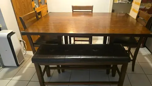 Solid Wood Dining Table with 4 Chairs and Padded Bench - Good Condition