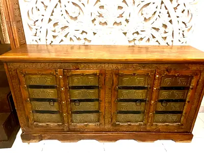 Solid Wood Carved Sideboard Cabinet with Brass Panels