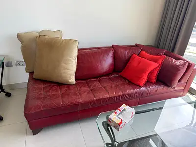 1980s Natuzzi Osaka Red Leather 5 Seater Sofa / Chaise Lounge - Good Used Condition