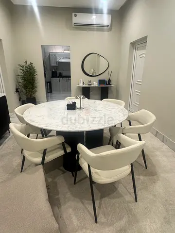 Round Marble-Top Dining Table with 6 Cream Chairs - Good Condition