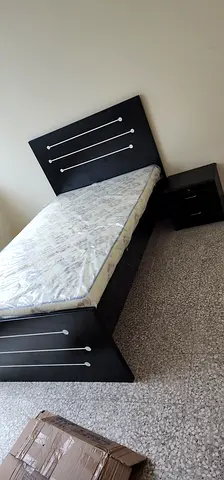 Brand New Double bed frame with mattress and matching bedside cabinet - dark wood