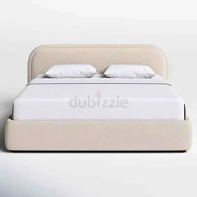 Beige Upholstered Double Bed with Padded Headboard
