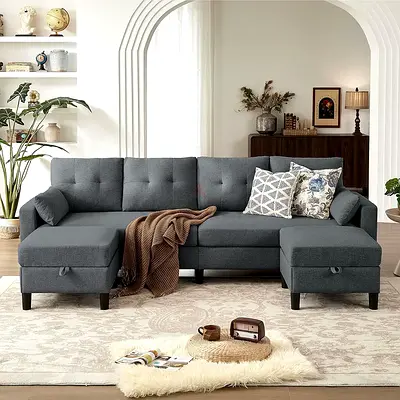 U shaped sectional couch in dark gray linen