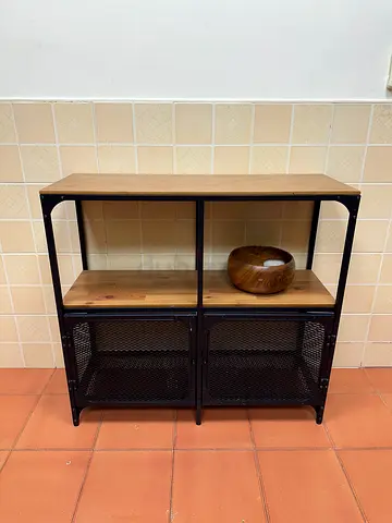Small Industrial Style Wooden Console Table with Metal Frame and Storage Baskets