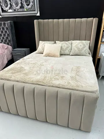 Upholstered Double Bed with Tufted Headboard - Beige