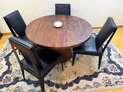 Crate And Barrel Solid Wood Round Dining Table With Adjustable Height And West Coast Leather Chairs