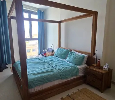 Solid Wood Four-Poster Double Bed  - Rustic Finish with side tables and Matress