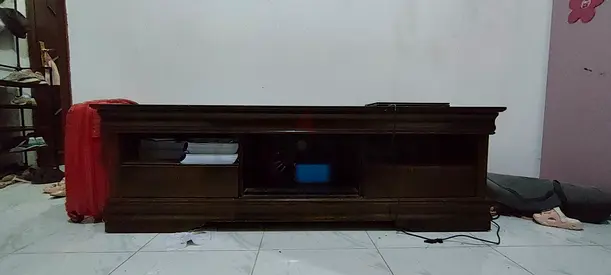 Low wooden TV cabinet / entertainment console - solid dark wood