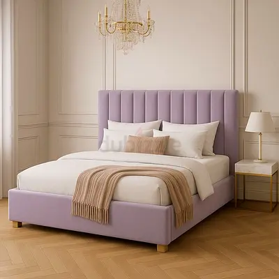 Upholstered Velvet Double Bed with Tall Channel-Tufted Headboard