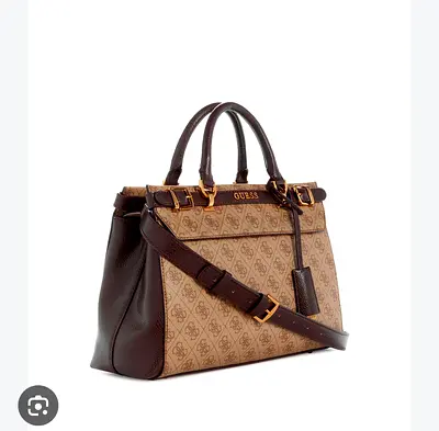 GUESS Brown Monogram Satchel Bag with Removable Shoulder Strap
