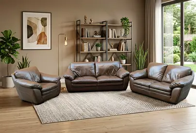 Brown Leather 3-Piece Sofa Set (3-seater, 2-seaters) - Good Condition