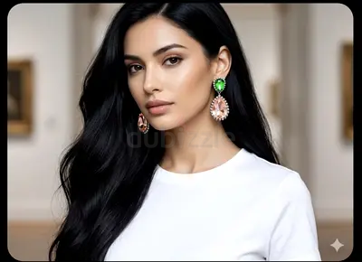 Pair of statement drop earrings with green and pink stones - like new