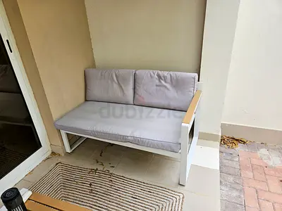 Outdoor 2-seater bench sofa with cushions - white frame, light grey cushions