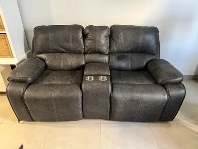 2-Seater Grey Leather Recliner Sofa with Center Console
