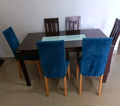 Wooden Dining Table with 6 Chairs (Blue Upholstery) - Good Condition