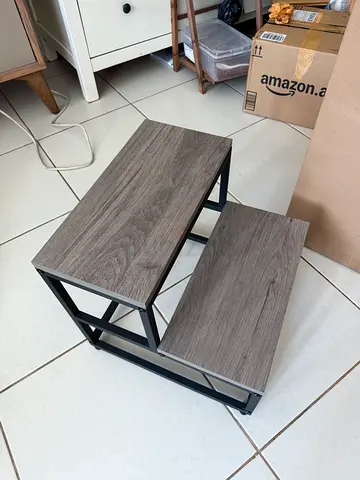 Small Two-Tier Side Table / Shelf with Wood Effect Top and Black Metal Frame