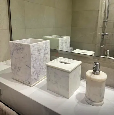 White Marble Bathroom Accessories Set - Tissue Box, Waste Bin, Soap Dispenser
