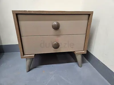 Small two-drawer bedside table/nightstand in beige and wood finish
