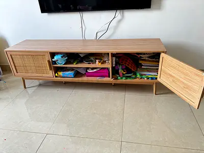 Low wooden TV cabinet with cane doors - mid-century style