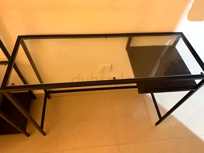 Black metal corner computer desk with glass top